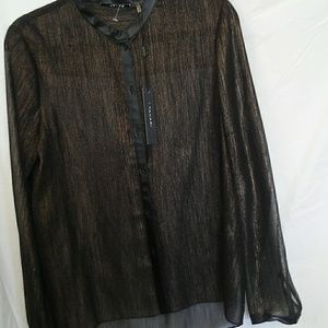 Tahari- Beautiful Black With Shiny Gold Fused Sheer Blouse - Size M